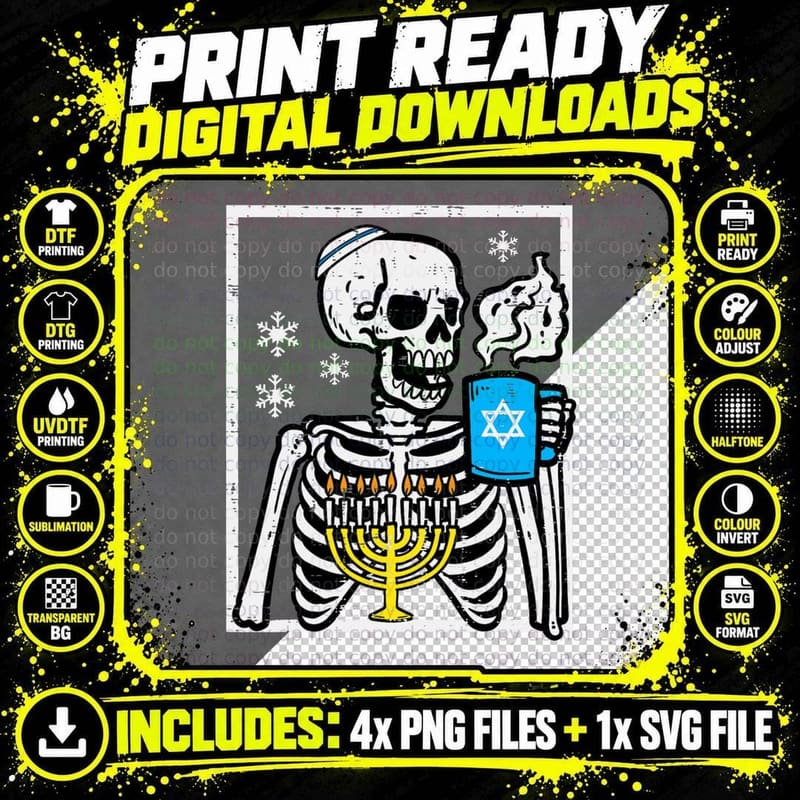 Hanukkah Skeleton Coffee Chanukah Jewish Festival Men Png SVG Digital Bundle