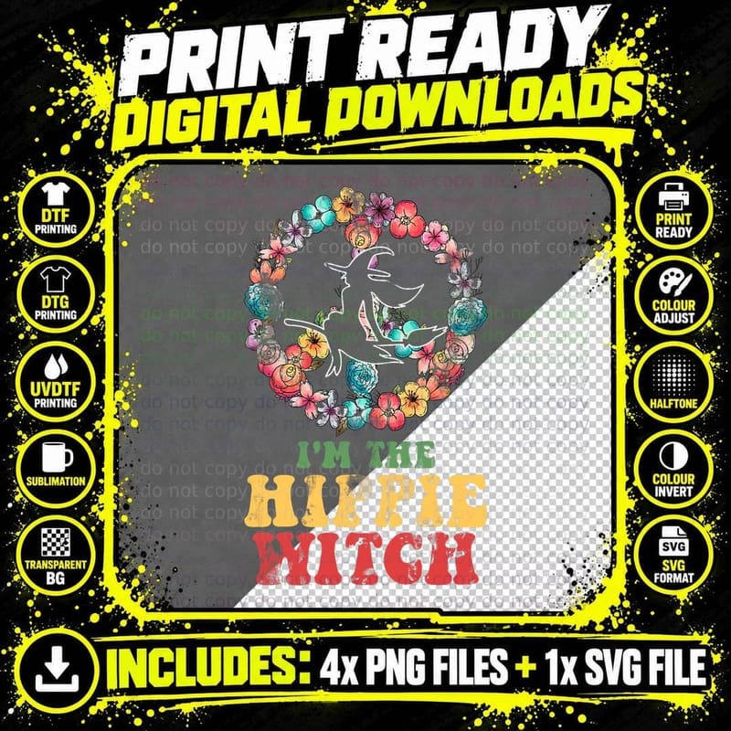 Hippie Witch T-Shirt, Retro Floral Print Png SVG Digital Bundle