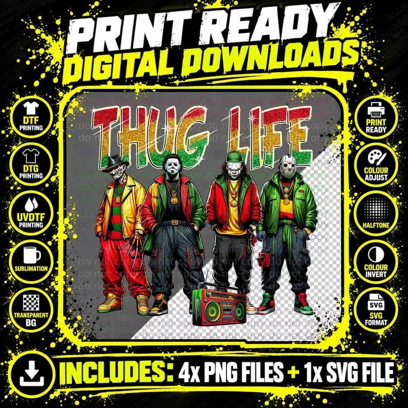 Horror Characters Thug Life T-Shirt Png SVG Digital Bundle