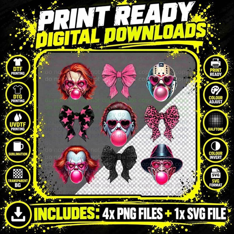 Horror Icons Bubblegum T-Shirt, Pop Culture Mashup Png SVG Digital Bundle