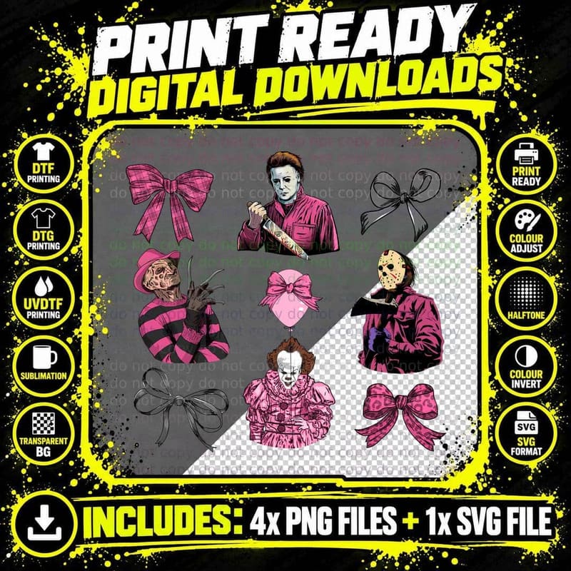 Horror Icons in Pink T-Shirt, Halloween Themed Apparel Png SVG Digital Bundle