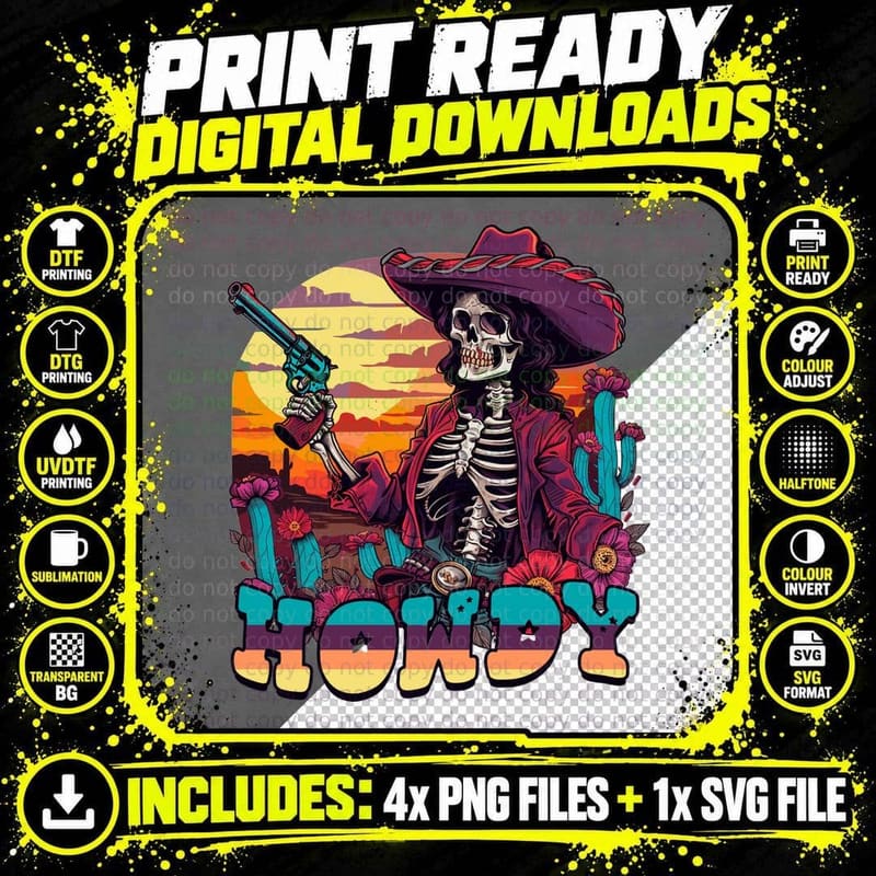 Howdy Western T-Shirt, Skeleton Cowboy in Desert Graphic Png SVG Digital Bundle