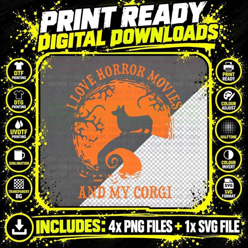 I Love Horror Movie and My Corgi, Funny Halloween Corgi Png SVG Digital Bundle