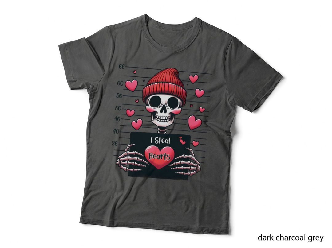 I Steal Hearts Valentine T-Shirt, Skeleton Mugshot Beanie Hearts Love Tee