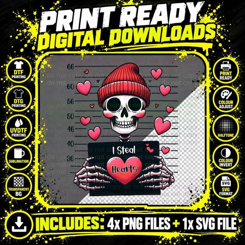 I Steal Hearts Valentine T-Shirt, Skeleton Mugshot Png SVG Digital Bundle