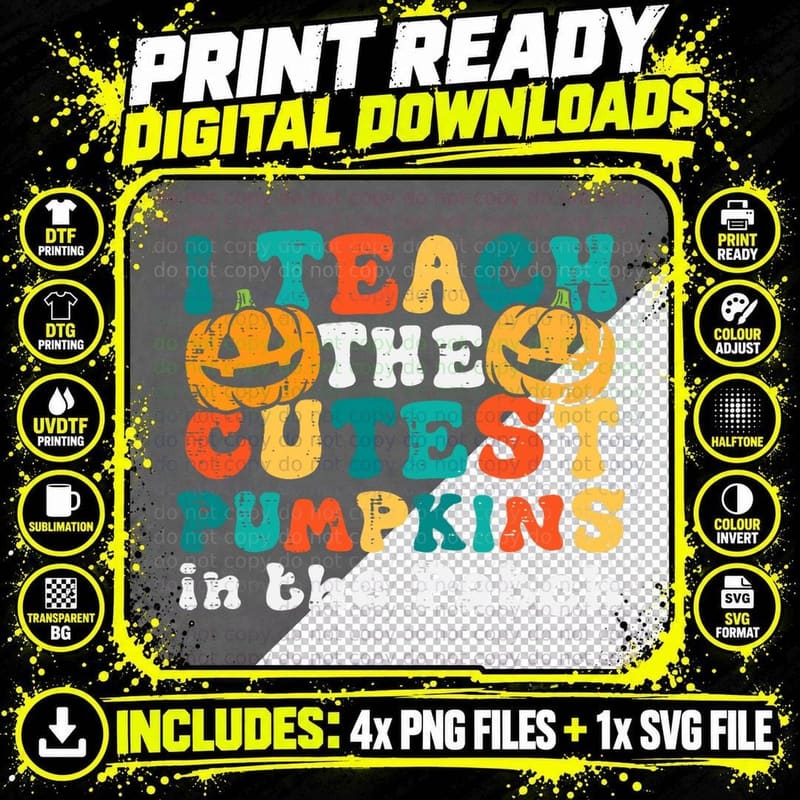 I Teach the Cutest Pumpkins Retro Groovy Halloween Png SVG Digital Bundle