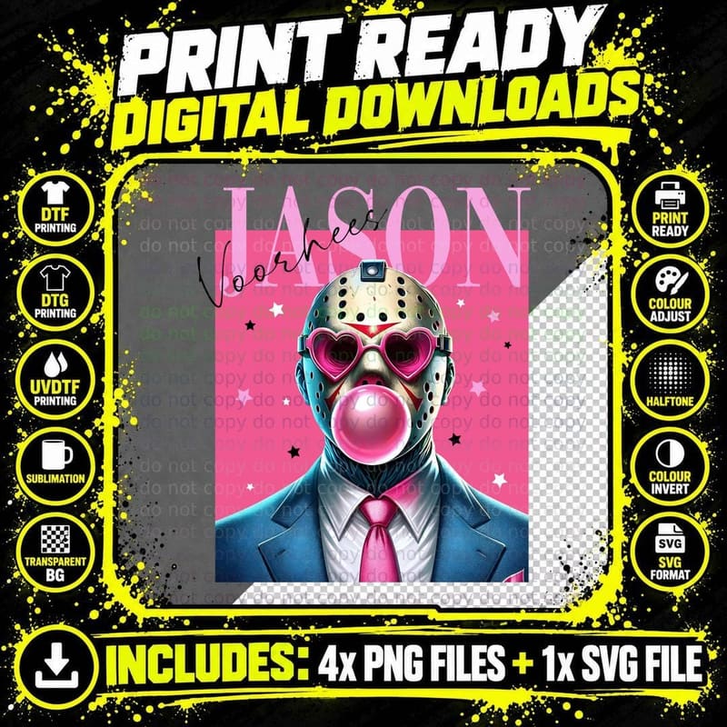 Jason Voorhees Bubblegum T-Shirt, Retro Horror Style Png SVG Digital Bundle