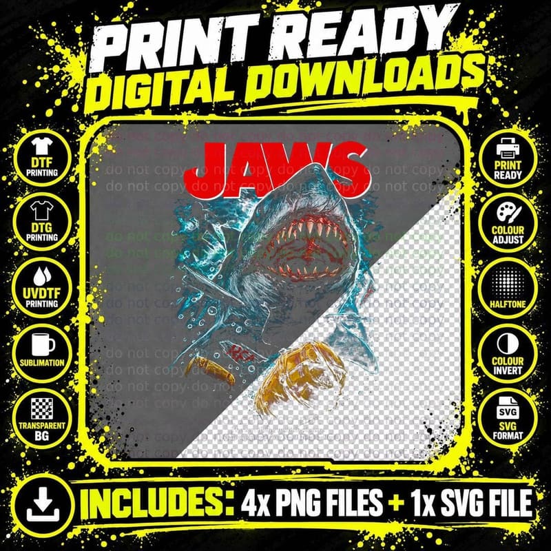 Jaws Horror Movie Fan T-Shirt, Shark Attack Print Png SVG Digital Bundle