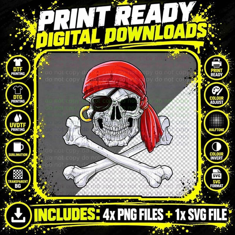 Jolly Roger Flag Skull & Crossbones T-Shirt Pirate Png SVG Digital Bundle