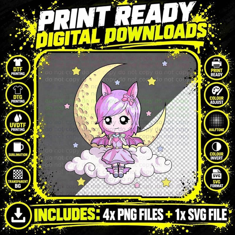 Kawaii Pastel Goth Chibi Girl Bat Wings Cute Creepy Png SVG Digital Bundle