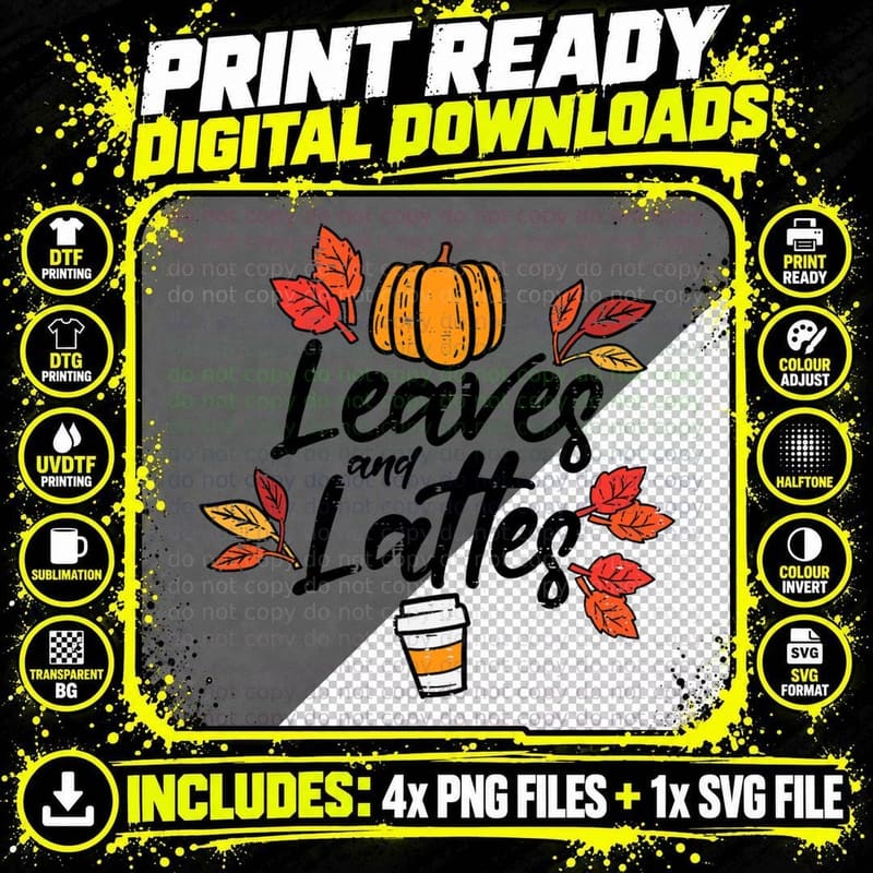 Leaves Lattes Pumpkin Spice Fall Autumn Halloween Women Png SVG Digital Bundle