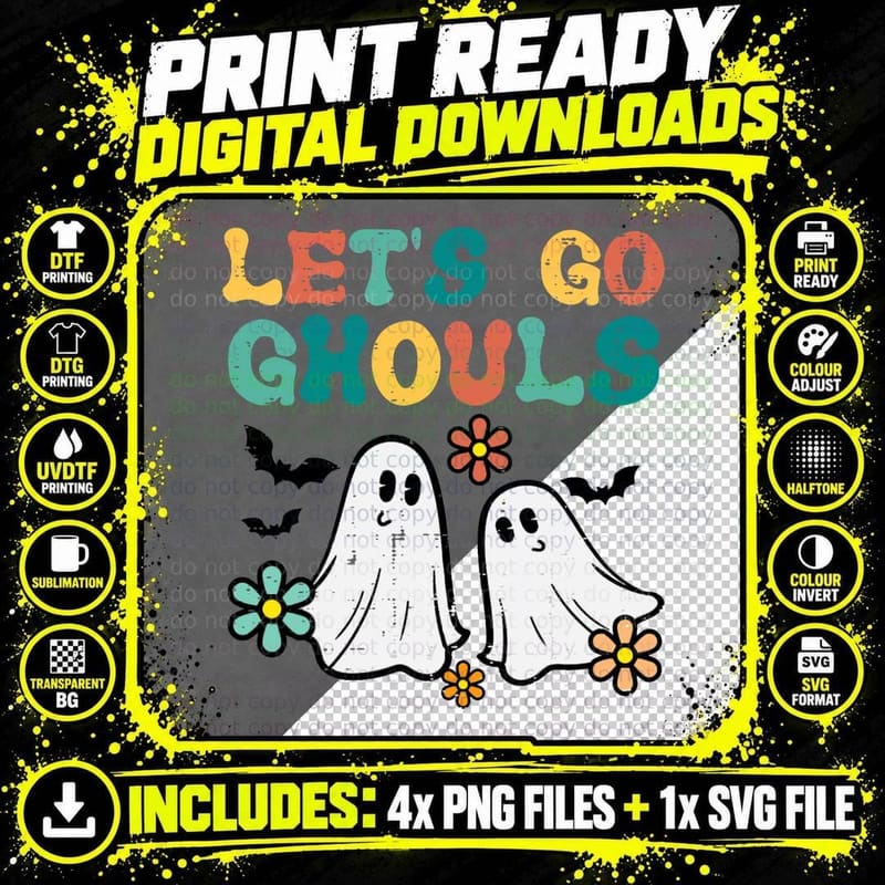 Let's Go Ghouls Floral Ghosts Groovy Retro Halloween Png SVG Digital Bundle