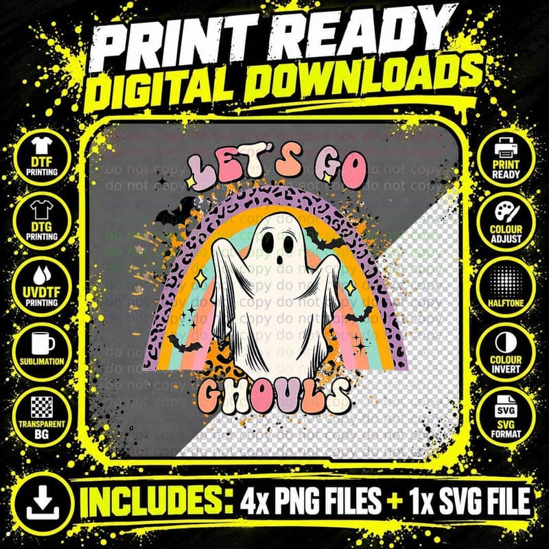 Let's Go Ghouls Ghost Rainbow Leopard Halloween Women Png SVG Digital Bundle