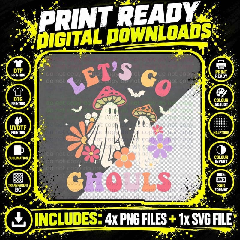 Let's Go Ghouls Mushroom Ghost Halloween Groovy Retro Png SVG Digital Bundle