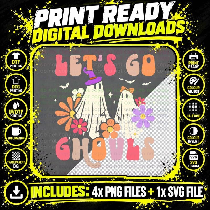 Lets Go Ghouls Halloween Cute Ghost Spider Bats Groovy Png SVG Digital Bundle