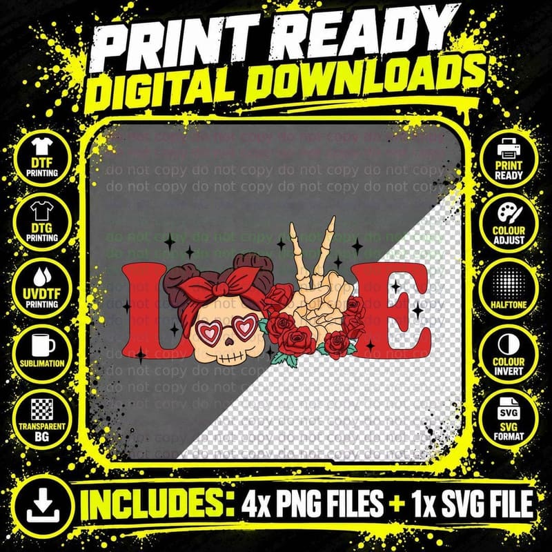Life Valentine T-Shirt, Skeleton with Red Bow Peace-Sign Png SVG Digital Bundle