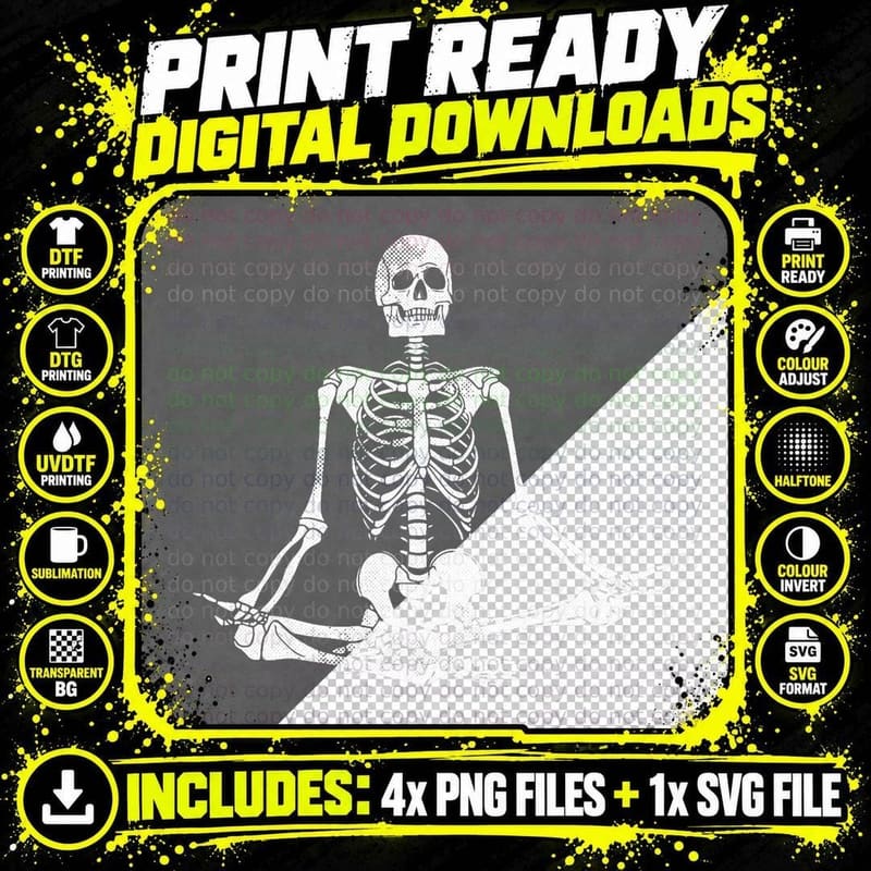 Meditating Skeleton Lazy Halloween Costume Funny Skull Png SVG Digital Bundle