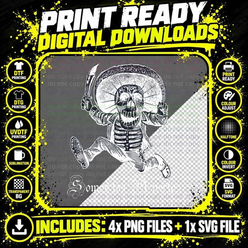 Mexican Skeleton Art Day of the Dead Dia De Los Muertos Png SVG Digital Bundle