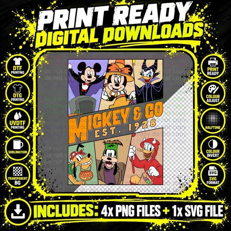 Mickey & Co Halloween Costume T-Shirt, Classic Characters Png SVG Digital Bundle