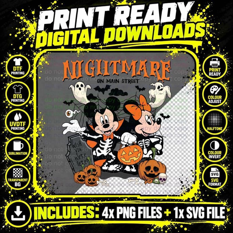 Mickey and Minnie Halloween Skeleton T-Shirt Png SVG Digital Bundle