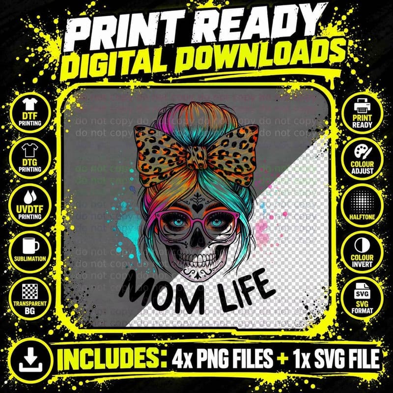Mom Life Skull Skeleton T-Shirt, Sugar Skull Art Png SVG Digital Bundle