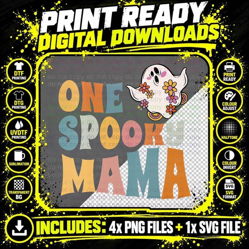 Mom One Spooky Mama Groovy Halloween Costume T-Shirt Png SVG Digital Bundle