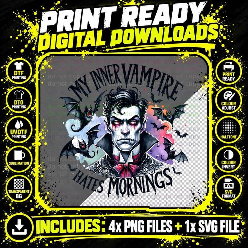 My Inner Vampire Hates Mornings, Retro Vintage, Cozy Png SVG Digital Bundle