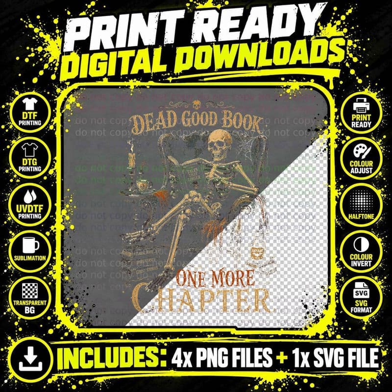 One More Chapter Skeleton Reader Vintage Horror Book Png SVG Digital Bundle