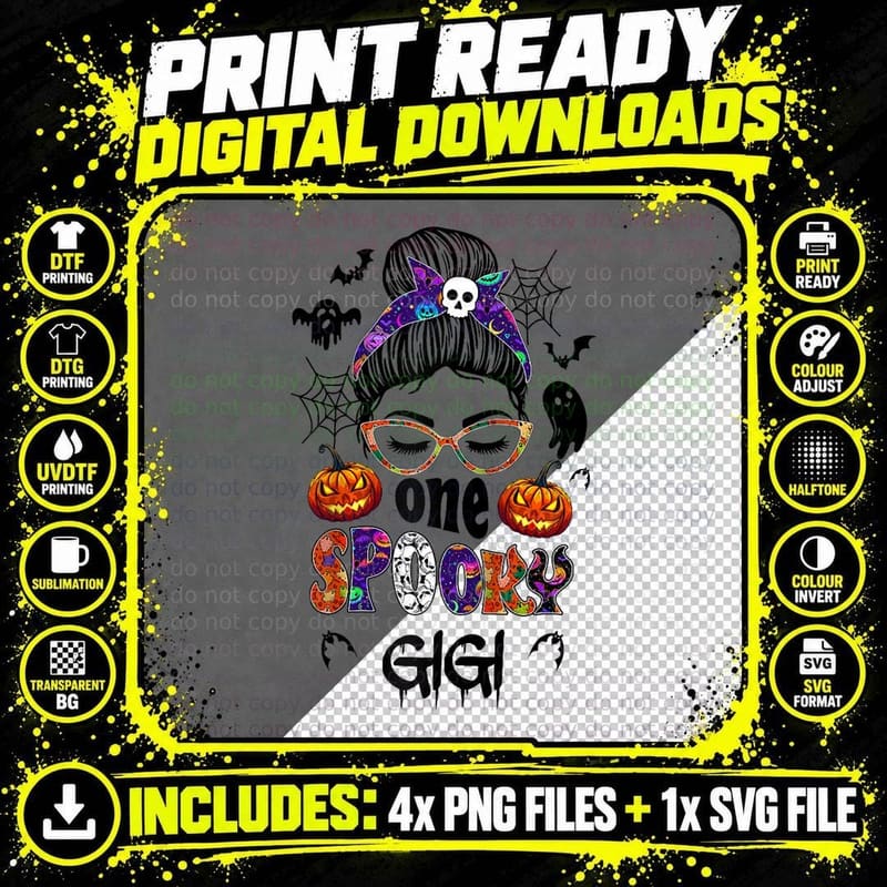 One Spooky Gigi Messy Bun Halloween for Women Girls Png SVG Digital Bundle