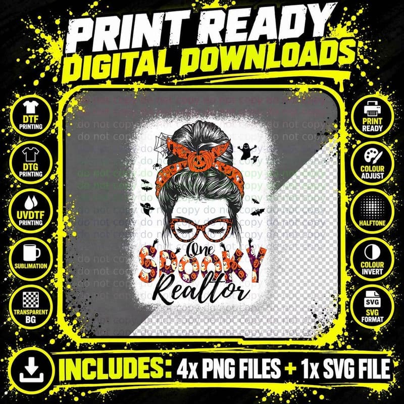 One Spooky Realtor Messy Bun Mom Life Halloween Real Png SVG Digital Bundle