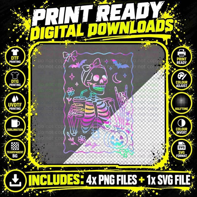 Pastel Rainbow Skeleton T-Shirt, Halloween Goth Style Png SVG Digital Bundle