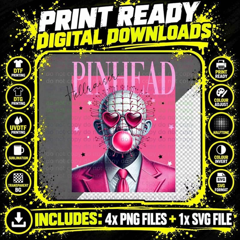 Pinhead Hellraiser Bubblegum T-Shirt, Retro Horror Style Png SVG Digital Bundle