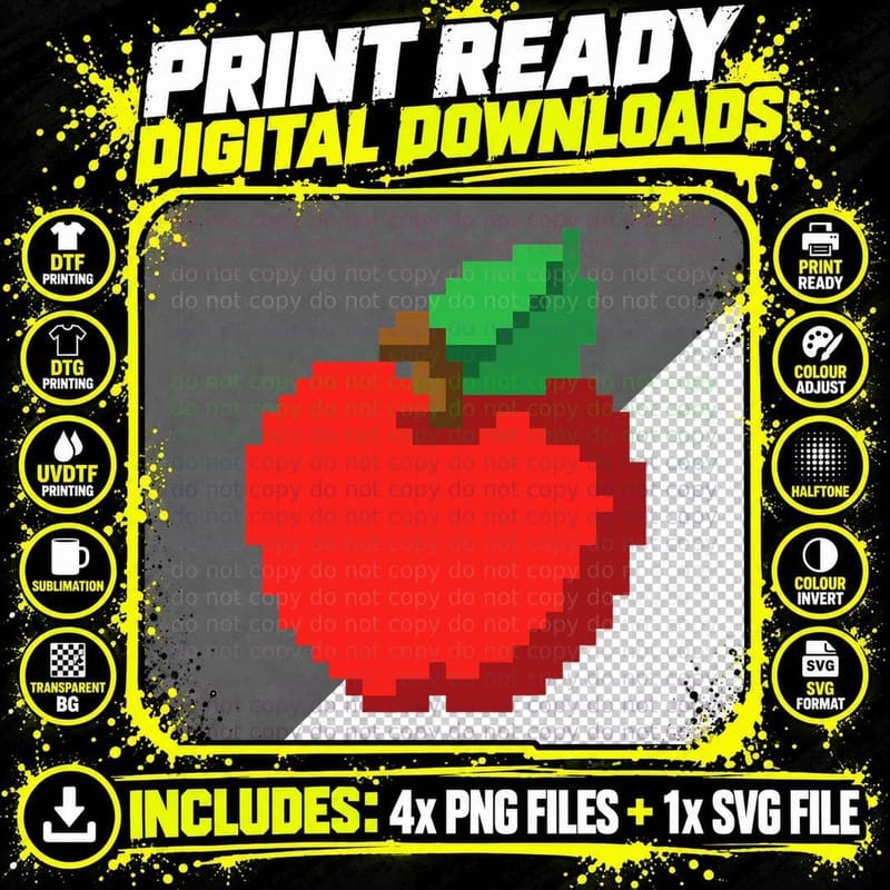 Pixel Apple 80s Video Game Retro 8-Bit Halloween Costume Png SVG Digital Bundle