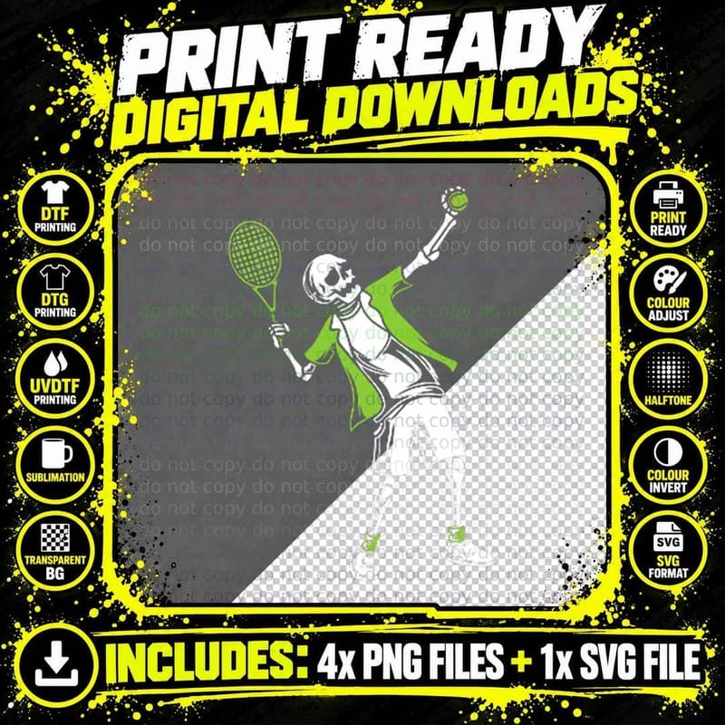Playing Tennis Halloween Costume Funny Skull Skeleton Png SVG Digital Bundle