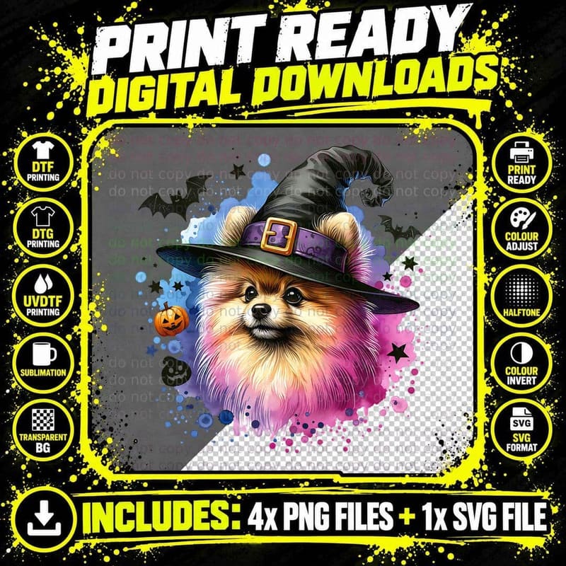 Pomeranian in Witch Hat, Halloween Png SVG Digital Bundle