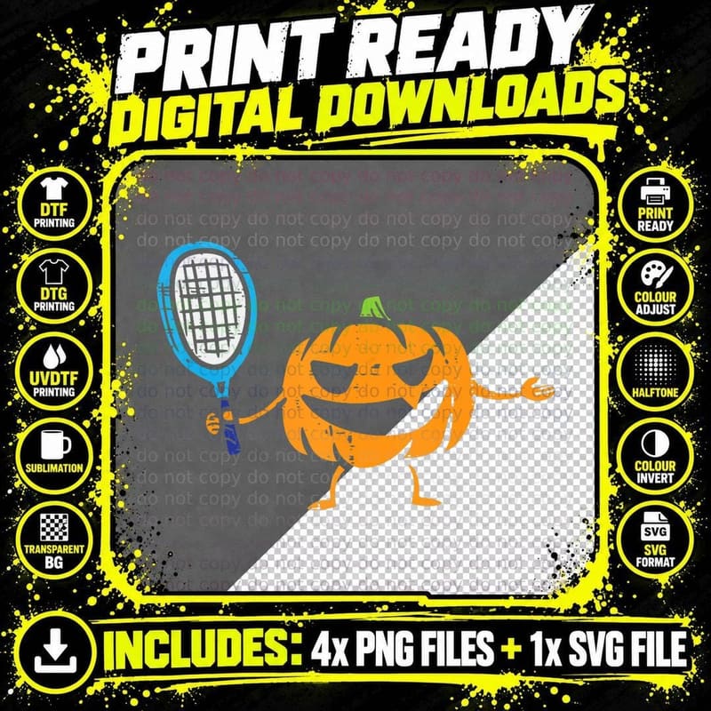Pumpkin Playing Tennis Jackolantern Halloween Costume Png SVG Digital Bundle