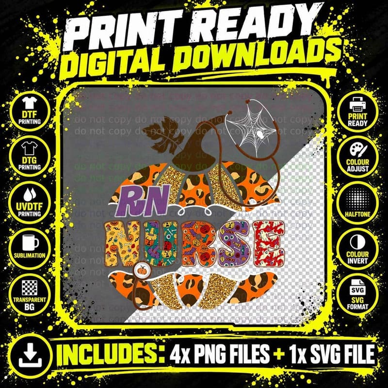 RN Nurse Stethoscope Nursing Halloween Pumpkin Leopard Png SVG Digital Bundle