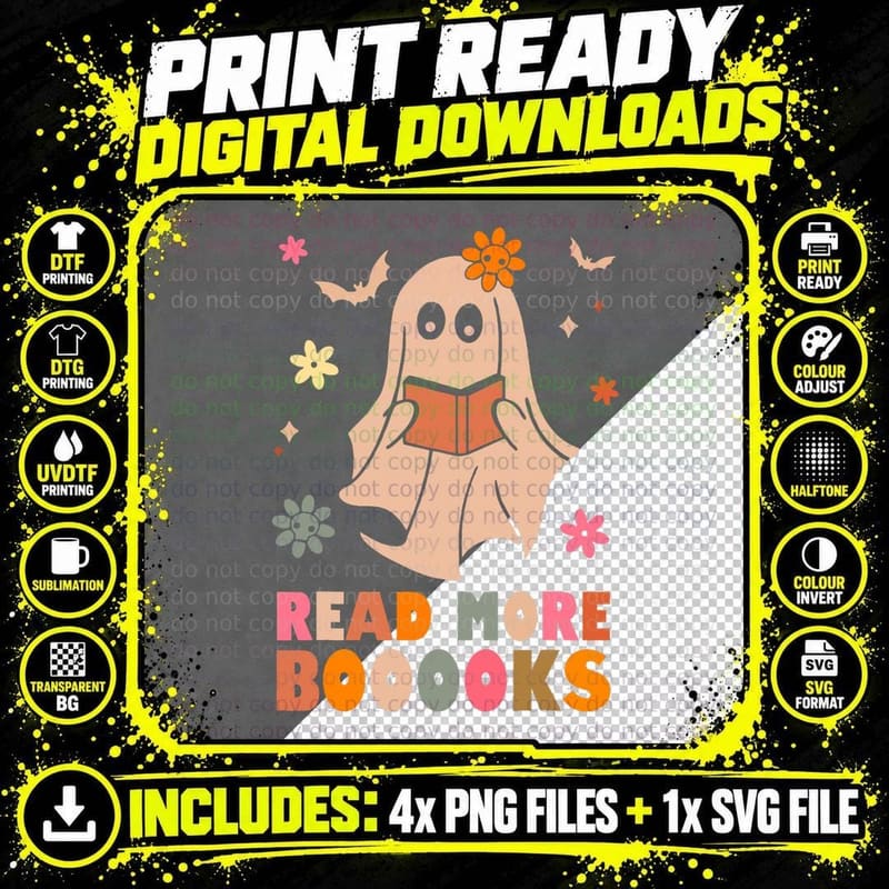Read More Books Cute Booooks Ghost Boo Halloween T-Shirt Png SVG Digital Bundle