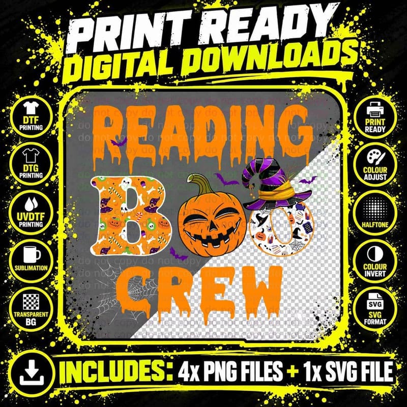 Reading Boo Crew Witch Hat Fall Halloween Costume T-Shirt Png SVG Digital Bundle