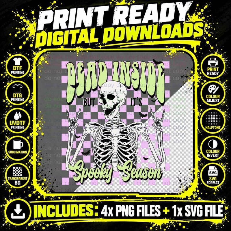 Retro Dead Inside but It's Spooky Season Skeleton Png SVG Digital Bundle