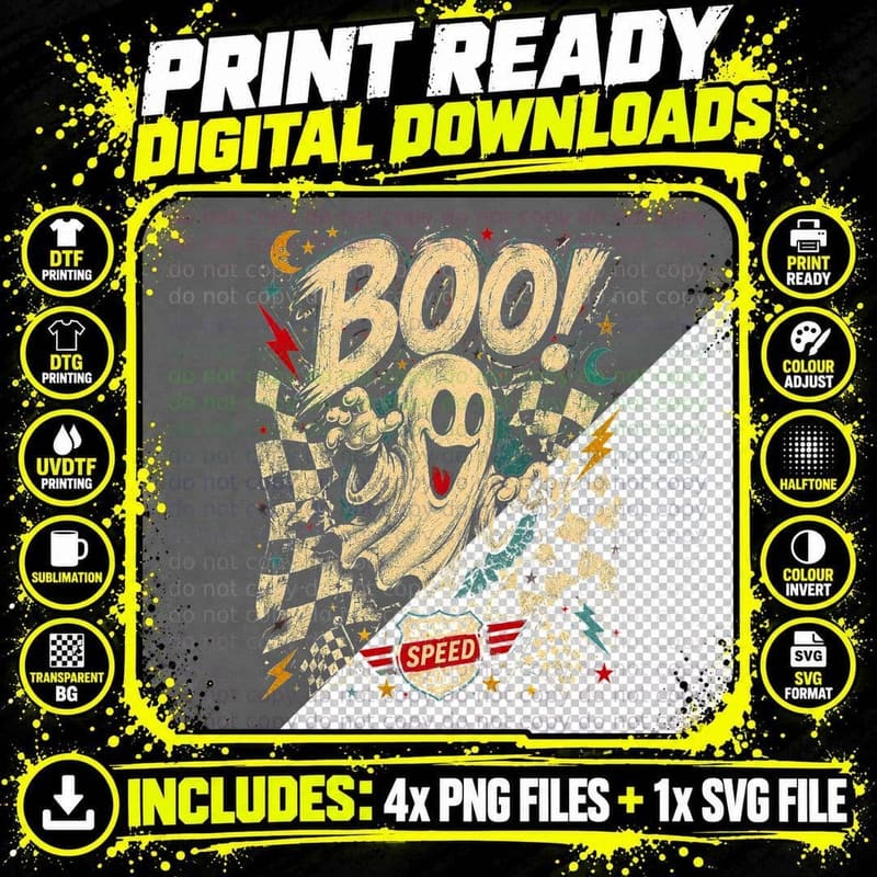 Retro Ghost Checkerboard Boo Halloween Vintage Mascot Png SVG Digital Bundle