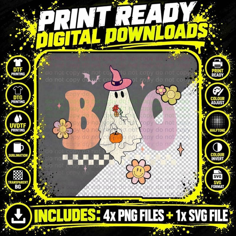 Retro Groovy Boo Crew Halloween Hippie Floral Ghost Boy Png SVG Digital Bundle