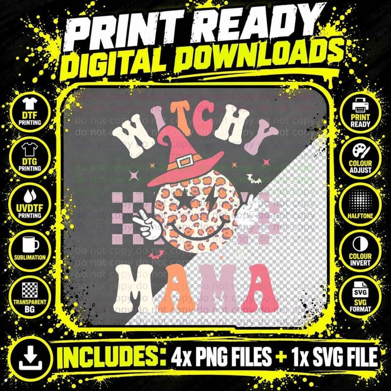 Retro Groovy Witchy Mama Halloween Hippie Witch Vibes Png SVG Digital Bundle