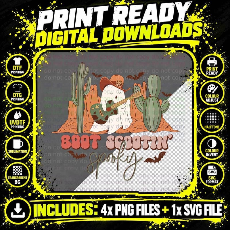Retro Western Halloween Cute Ghost Funny Boot Scootin Png SVG Digital Bundle