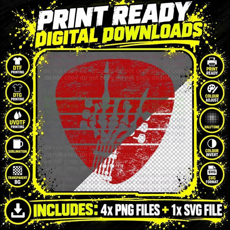 Rock & Roll Skeleton Guitar Music Lover Red Vintage Png SVG Digital Bundle