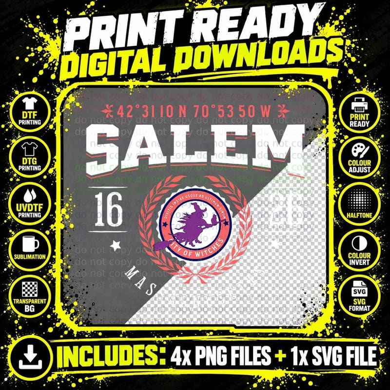 Salem Massachusetts Witch Tourist Souvenir Halloween Png SVG Digital Bundle