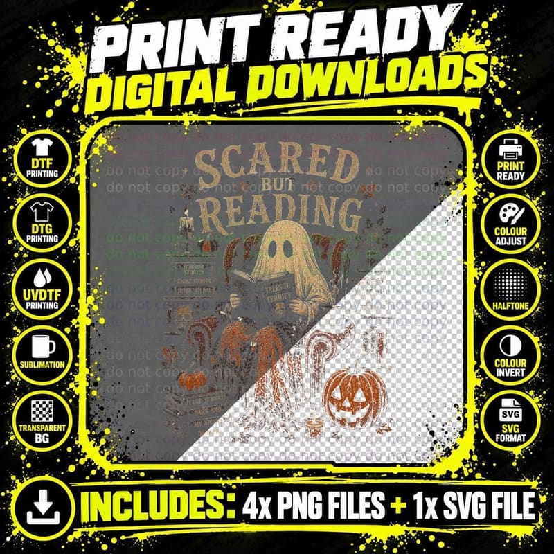 Scared but Reading Cozy Horror Book Lover Vintage Ghost Png SVG Digital Bundle