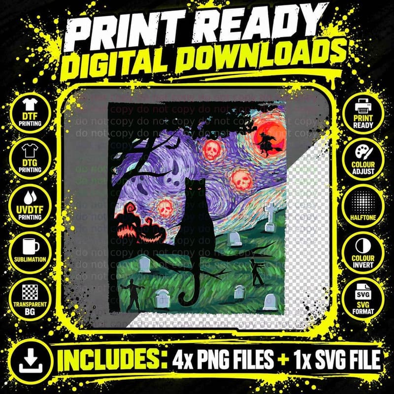 Scary Night Cat Black Halloween Pumpkin Art, Spooky Png SVG Digital Bundle