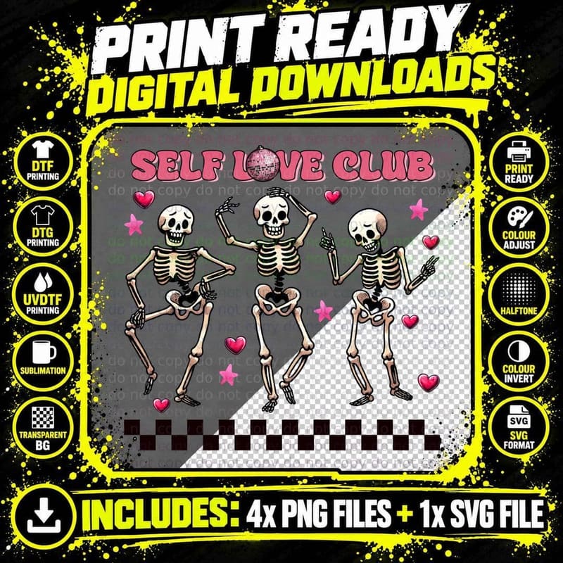 Self Love Club Valentine T-Shirt, Dancing Skeleton Trio Png SVG Digital Bundle