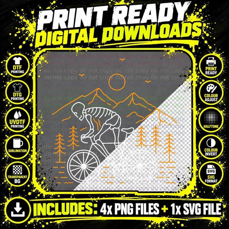 Skeleton Biking Lazy Halloween Costume Cool Line Art Png SVG Digital Bundle
